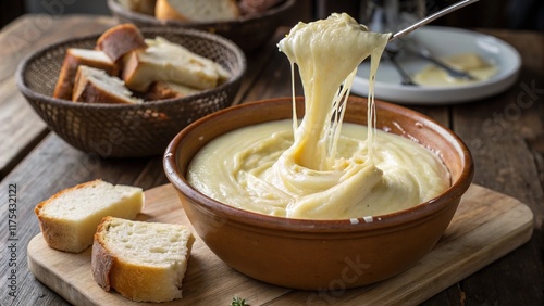 Creamy aligot served with rustic bread in a cozy dining setting