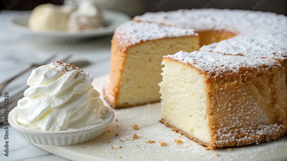Fluffy angel food cake slice served with whipped cream on a marble countertop, perfect for dessert lovers Fluffy angel food cake slice served with whipped cream on a marble countertop, perfect for dessert lovers
