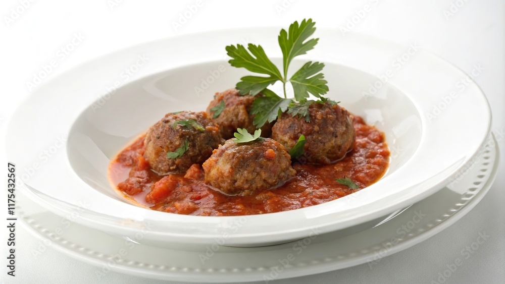 Experience a minimalist albondigas dish with a clean presentation highlighting flavor and freshness