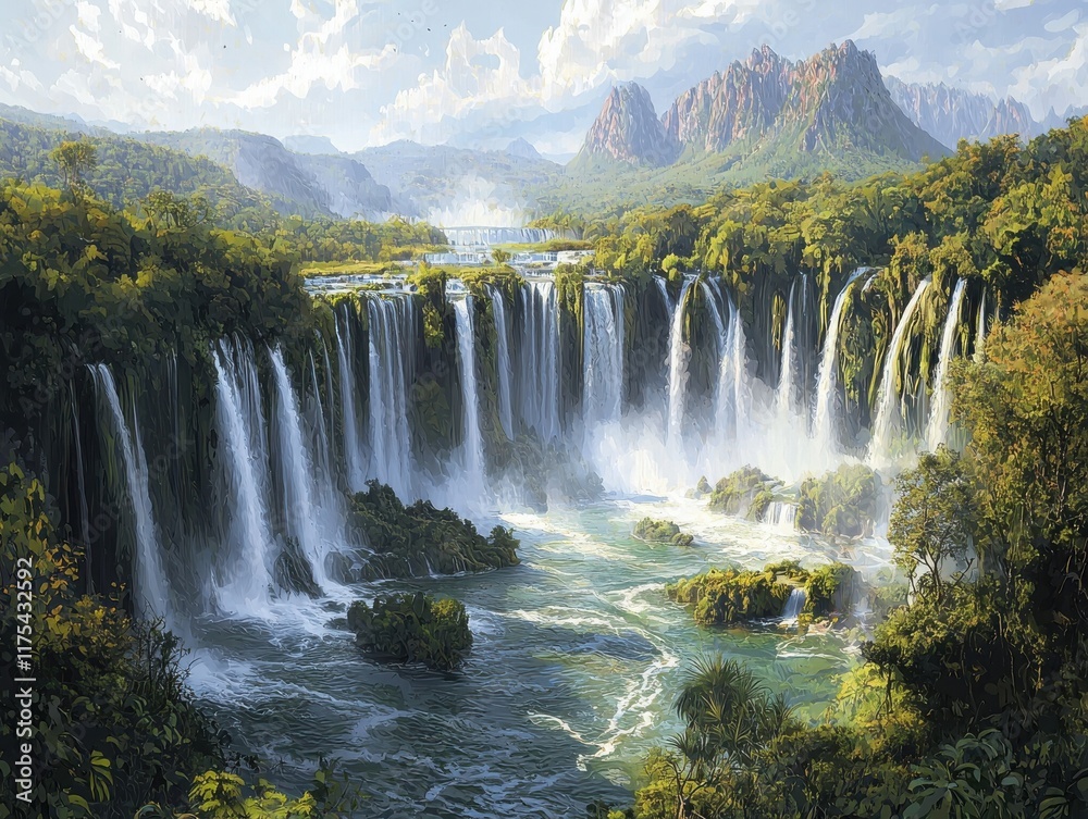 Fototapeta premium Majestic jungle waterfalls cascading through lush wilderness hyperrealistic scenic view nature's serenity