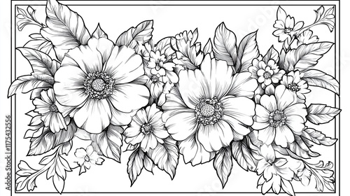 Elegant Floral Frame Illustration with Daisies and Roses in Bold Black Lines Monochrome Floral Coloring Pages Vintage-Inspired Floral Wall Art Botanical Line Art for Stationery Designs