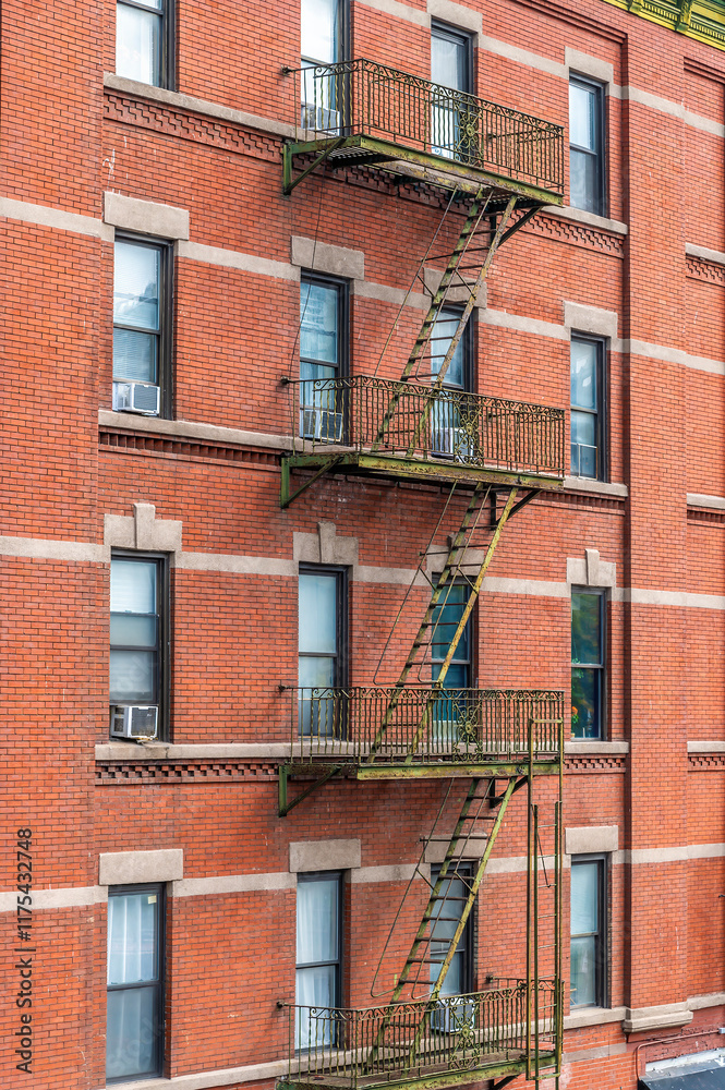 Obraz premium A view of fire exits on the side of a building viewed from the High LIne walkway in Manhattan,New York, in the fall