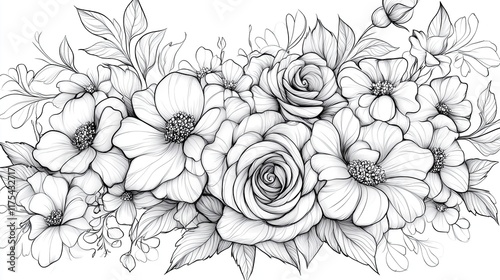 Intricate Floral Line Art with Roses, Daisies, and Leafy Swirls for Coloring Designs Adult Coloring Pages with Botanical Themes Black-and-White Floral Wall Art for Minimalist Interiors Stationery