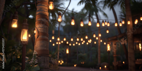 A serene outdoor tropical scene illuminated by warm string lights draped between palm trees at dusk, creating an ambiance of relaxation and enchantment under the stars.