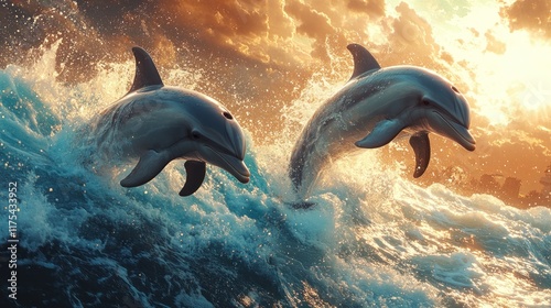 Two dolphins leap from ocean waves at sunset. photo