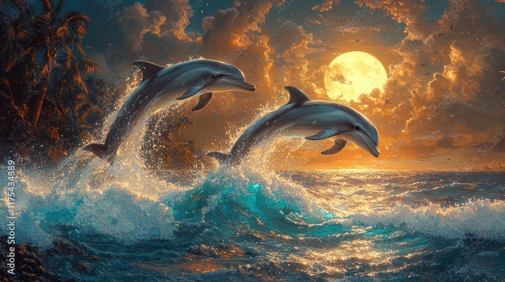 Fototapeta premium Two dolphins leap joyfully from ocean waves at sunset, silhouetted against a large moon.