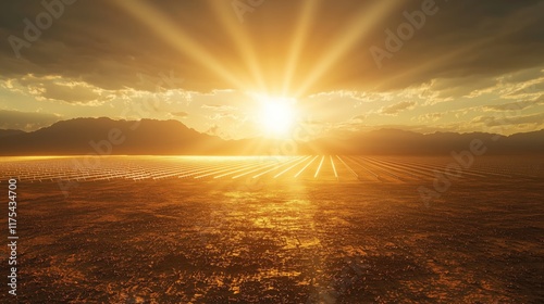 Golden Sunrise Over Solar Field with Dramatic Cloudy Sky