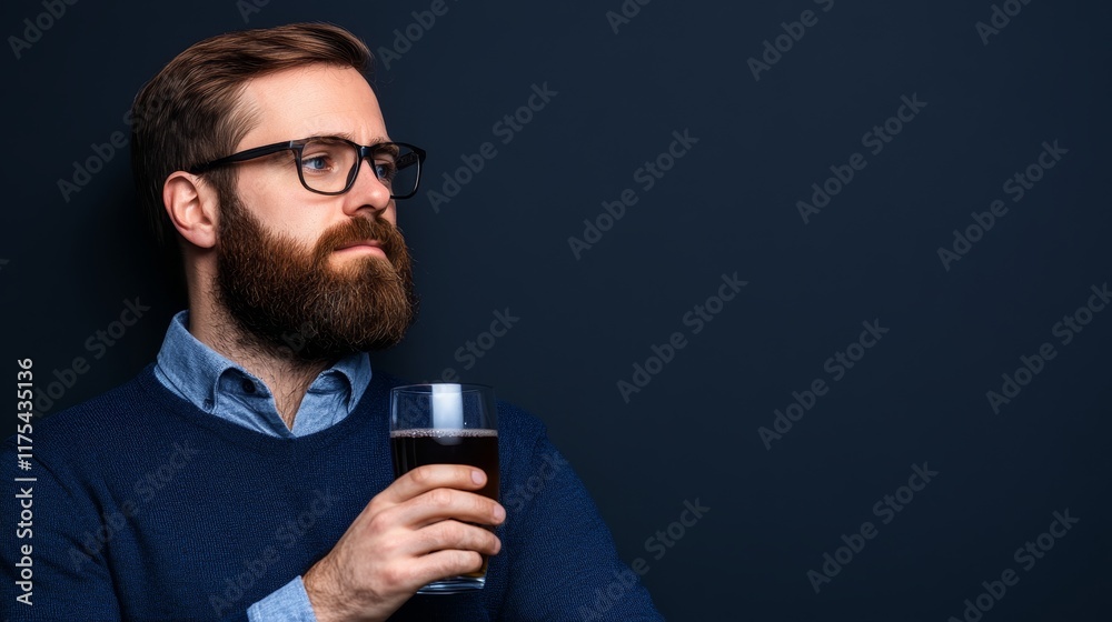 A thoughtful man holding a drink, gazing into the distance against a dark background. A thoughtful man holding a drink, gazing into the distance against a dark background.
