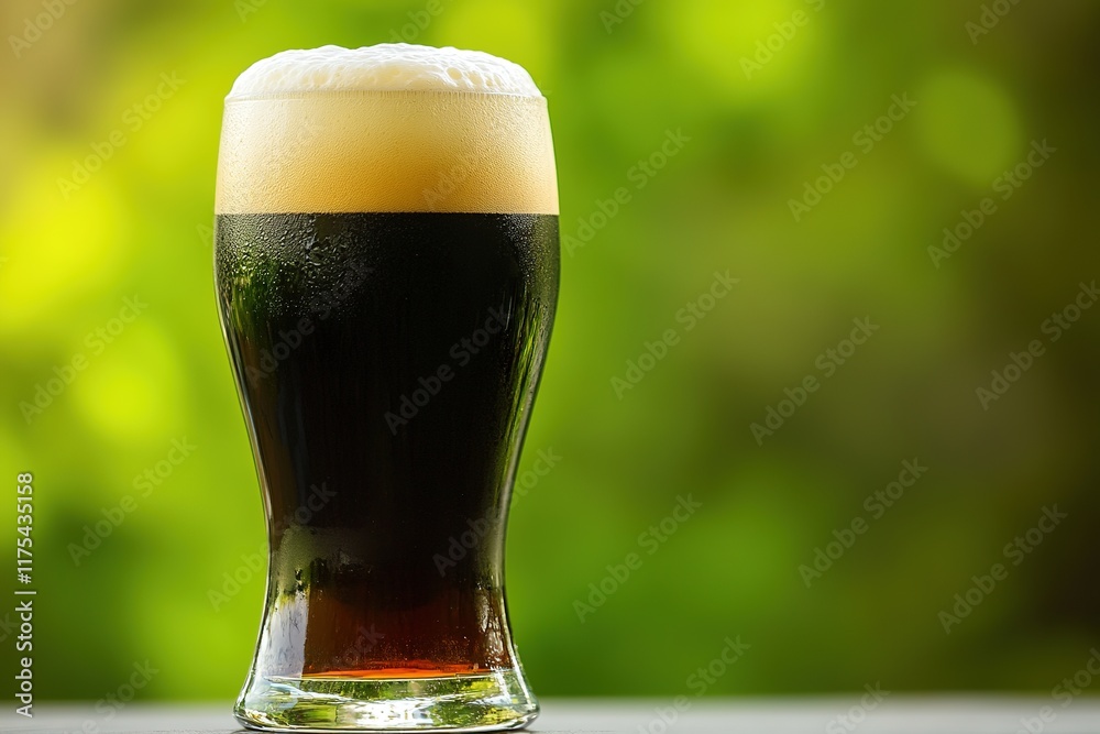 Rich dark brew in glass, topped with creamy foam, set against lu