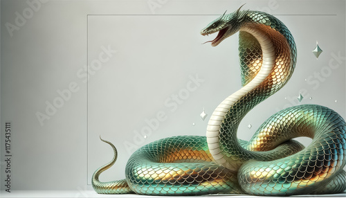 A snake with shimmering dragon scale patterns in shades of green and gold.