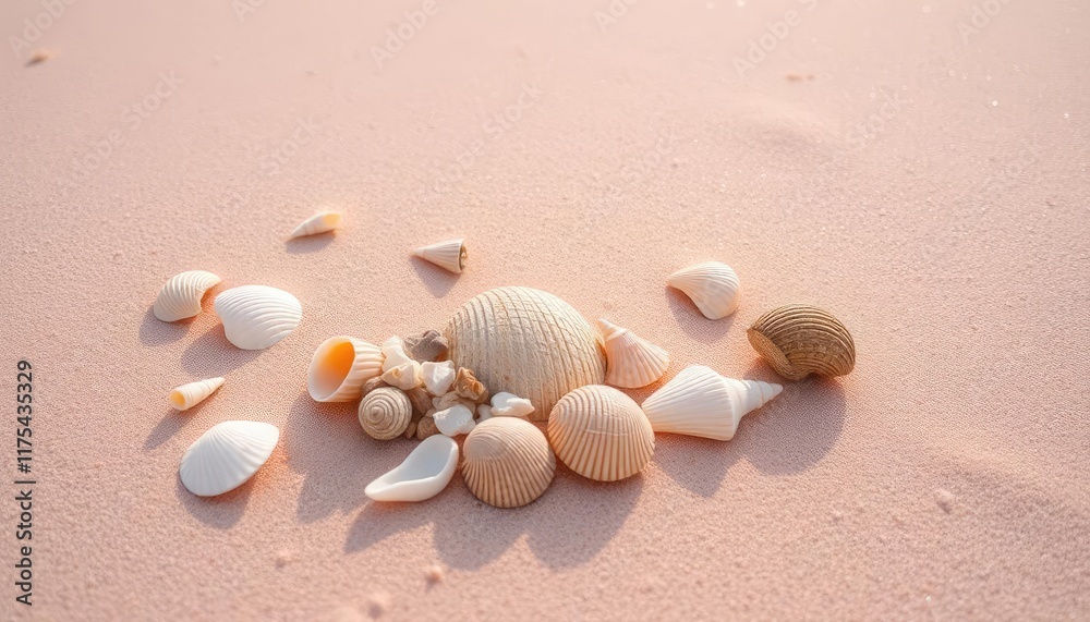 Seashells on pink sand beach, relaxing scene, perfect for wallpaper Seashells on pink sand beach, relaxing scene, perfect for wallpaper
