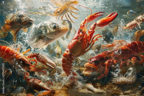 Underwater Seafood Frenzy: Lobsters, Fish, and Shrimp photo