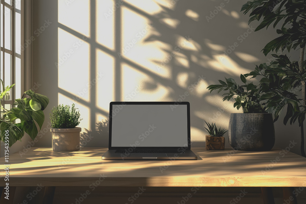 Fototapeta premium Close-up desk with blank laptop screen on wooden table classroom interior design template.