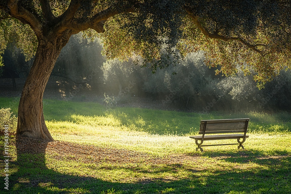 Fototapeta premium Sunlight filters through branches, illuminating tranquil park sc