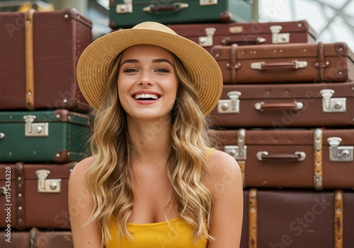 Young woman, wide-brimmed straw hat, long wavy blonde hair, bright smile, yellow top, vintage suitcases background, warm lighting, travel mood, nostalgic atmosphere, portrait photography, summer style