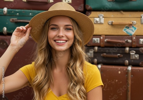 Young woman, wide-brimmed straw hat, long wavy blonde hair, bright smile, yellow top, vintage suitcases background, warm lighting, travel mood, nostalgic atmosphere, portrait photography, summer style