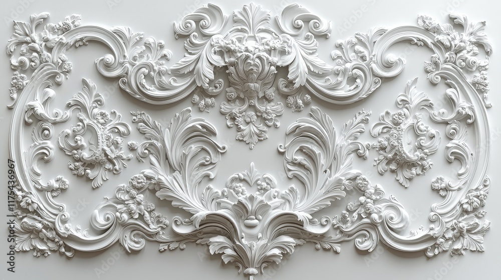 White Ornate Wall Panel: Rococo and Baroque Architectural Design, Elegant Home Decor, Classic Vintage Style, Intricate Carved Ornament, Symmetrical Floral Pattern, Luxury Texture White Ornate Wall Panel: Rococo and Baroque Architectural Design, Elegant Home Decor, Classic Vintage Style, Intricate Carved Ornament, Symmetrical Floral Pattern, Luxury Texture
