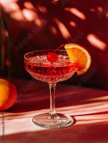 Cherry and orange cocktail in crystal glass against red background