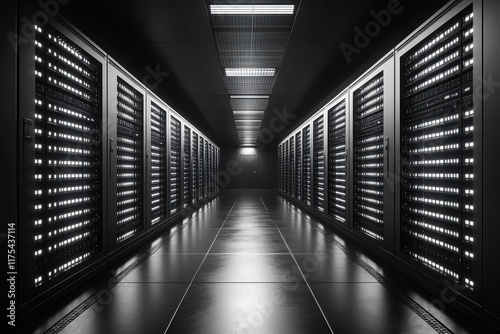 Server room illuminated by rows of data storage units in a modern data center environment photo