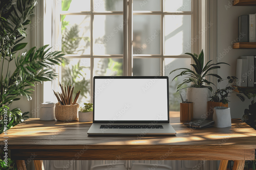 Close-up desk with blank laptop screen on wooden table classroom interior design template. Close-up desk with blank laptop screen on wooden table classroom interior design template.