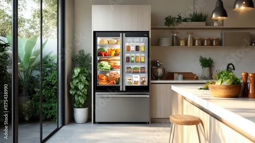 A minimalist kitchen features a smart fridge with an integrated touchscreen, displaying grocery lists, dietary preferences, and food recipes.