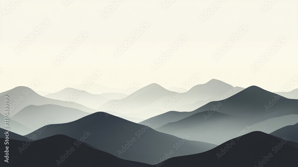 Fototapeta premium A wall mural of a minimalist mountain range in light and dark gray tones, creating a serene atmosphere