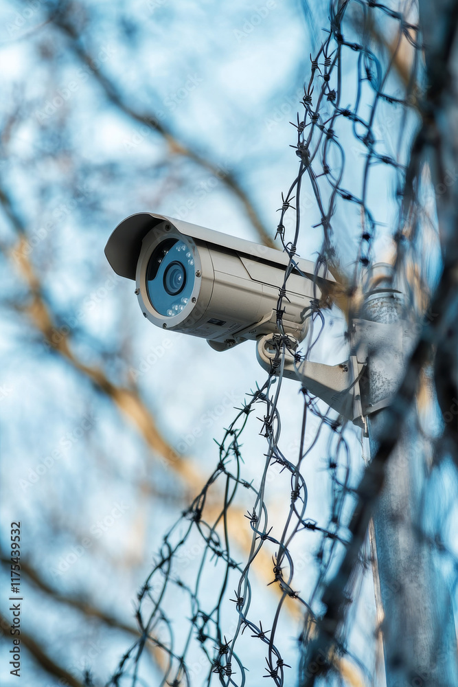 Obraz premium A surveillance camera is mounted on a pole, overlooking a fenced area. Barbed wire coils around the fence, adding a layer of security. Bright sky creates a stark contrast with the scene