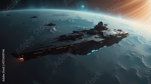 Fototapeta Naklejka Na Ścianę i Meble -  A large space ship is flying through space with a planet in the background