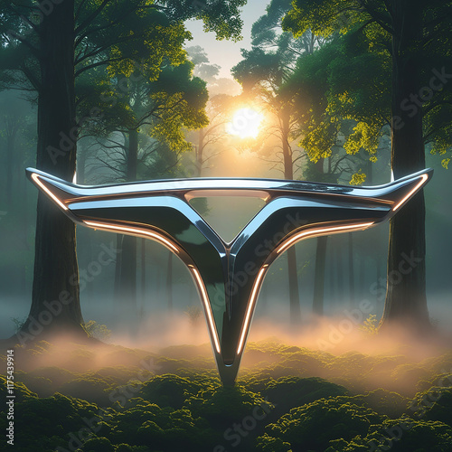 Futuristic Logos in a Misty Forest with Dazzling Sunlight photo
