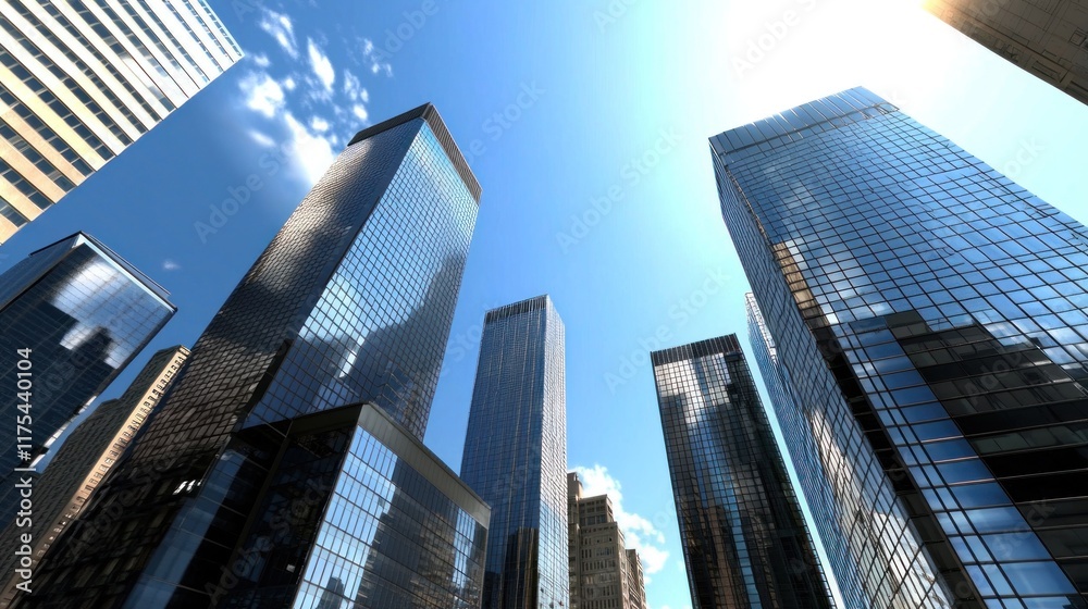 Skyscrapers towering against a clear blue sky with sunlight. Skyscrapers towering against a clear blue sky with sunlight.