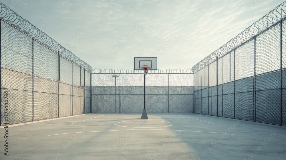 Obraz premium A basketball court is enclosed by tall chain-link fencing topped with barbed wire, emphasizing its isolated and secured nature. The court stands empty under a clear sky