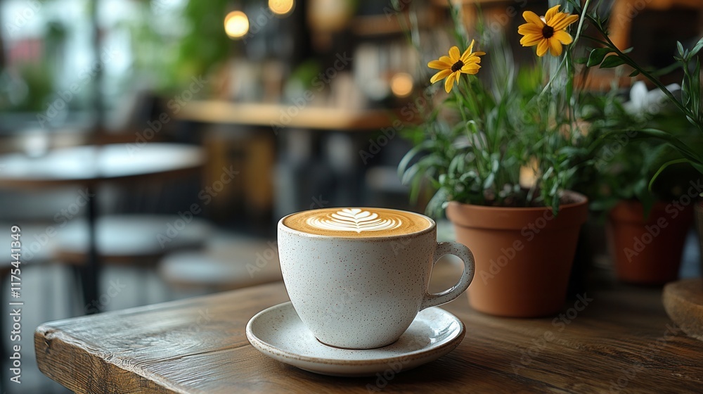 Frothy espresso macchiato served on a ceramic saucer, sleek modern café interior with contemporary design elements Frothy espresso macchiato served on a ceramic saucer, sleek modern café interior with contemporary design elements