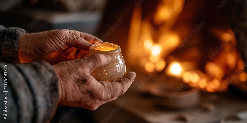 A pair of aged hands reverently hold a softly glowing candle, creating a warm, intimate glow against a blurred backdrop of a cozy, flickering fireplace. A pair of aged hands reverently hold a softly glowing candle, creating a warm, intimate glow against a blurred backdrop of a cozy, flickering fireplace.