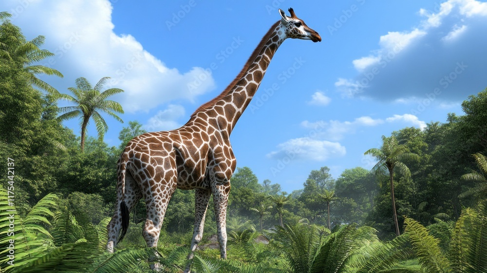 Fototapeta premium A giraffe stands majestically in a lush, tropical landscape.
