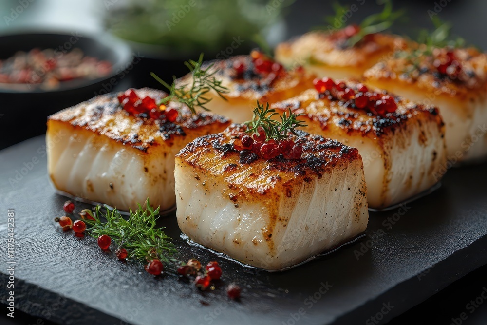 elegant gourmet dish plated artistically on a dark surface featuring exquisite ingredients and delicate garnishes creating a luxurious dining experience and visual feast