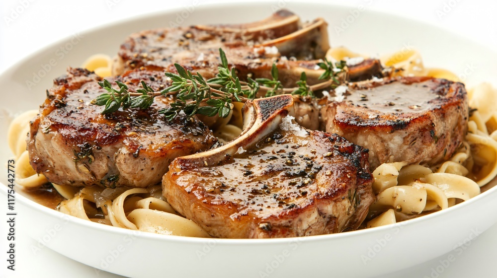 A comforting winter dish of pork chops and noodles, isolated on a snowy white background with a garnish of rosemary and thyme A comforting winter dish of pork chops and noodles, isolated on a snowy white background with a garnish of rosemary and thyme
