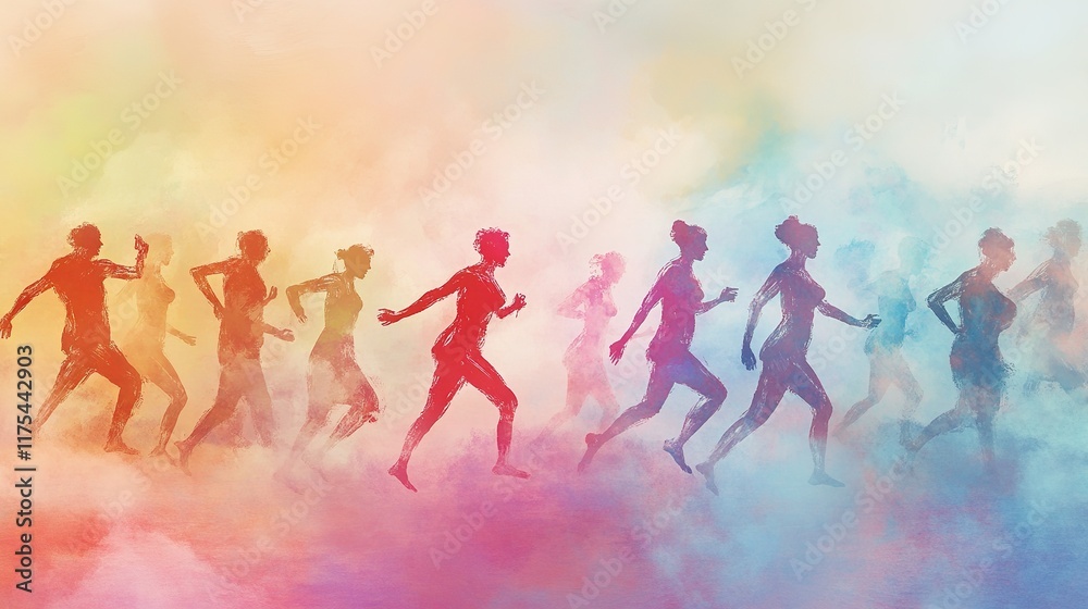 Fototapeta premium Dynamic silhouettes of runners emerge through vibrant, colorful