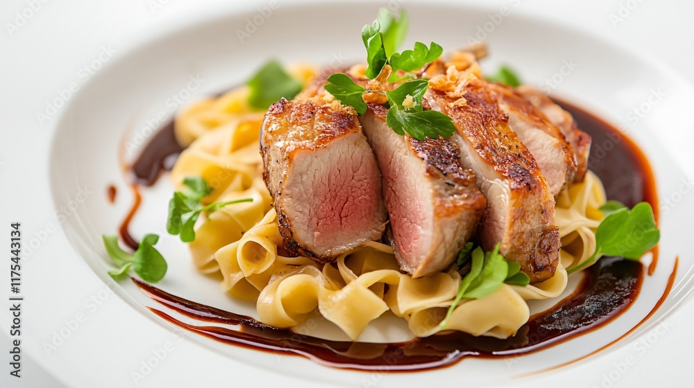 A deconstructed pork chop and noodles dish, isolated on a modern white plate with artistic sauce streaks and garnish A deconstructed pork chop and noodles dish, isolated on a modern white plate with artistic sauce streaks and garnish
