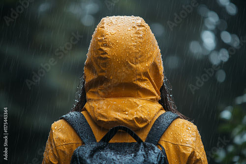 Person in yellow raincoat standing in rain, weather protection concept photo