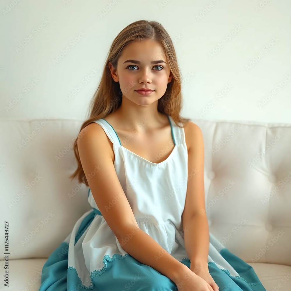 portrait of a girl sitting on a sofa portrait of a girl sitting on a sofa