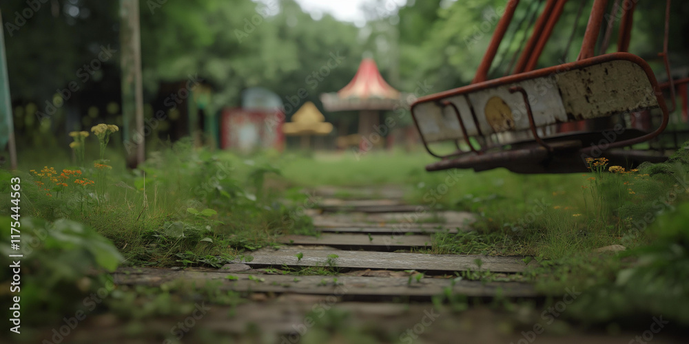 A deserted playground path with overgrown grass and an empty swing, creating a nostalgic and serene atmosphere, symbolizing childhood and peaceful isolation. A deserted playground path with overgrown grass and an empty swing, creating a nostalgic and serene atmosphere, symbolizing childhood and peaceful isolation.