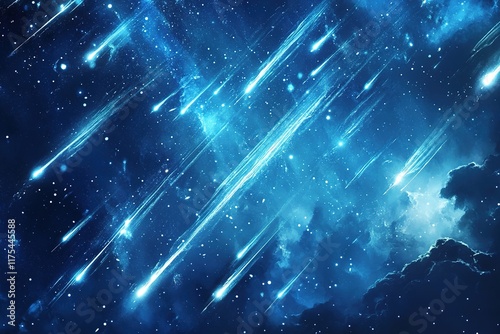 Celestial scene filled with radiant meteors illuminating deep bl