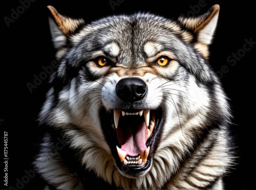 Fierce wolf displaying aggressive posture with open mouth and striking eyes in dark background photo