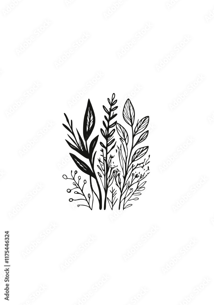 Fototapeta premium Hand-Drawn Botanical Elements in Minimalist Style, Elegant Plant and Leaf Line Art for Natural and Organic Designs
