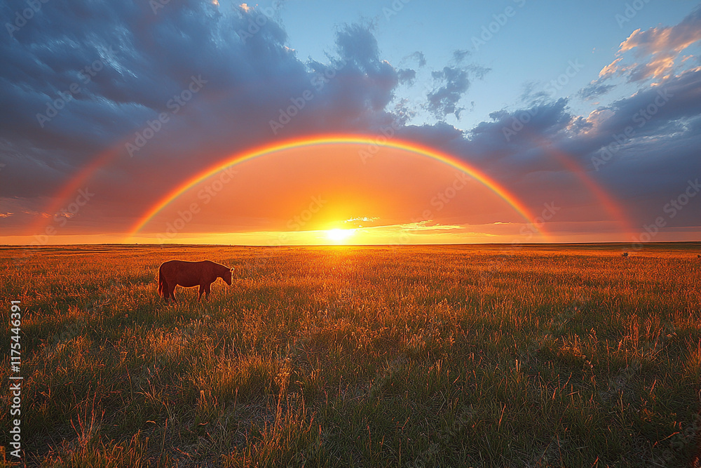Fototapeta premium Solitary Horse Silhouetted Against Sunset Rainbow