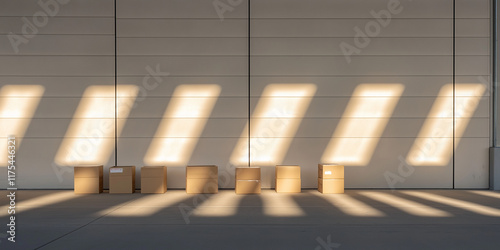 Sunlight streams through a warehouse window, casting long shadows over neatly organized cardboard boxes, illustrating themes of order, industry, and storage. photo