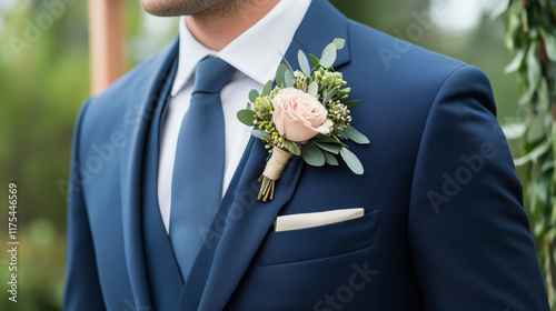 Groom in navy suit with floral boutonniere. Stylish wedding attire close-up for bridal design and inspiration.  