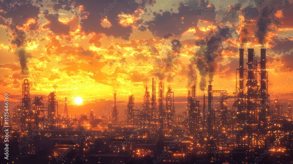 Fototapeta premium Sunset Over Industrial Complex: A fiery spectacle of industry against a breathtaking sunset