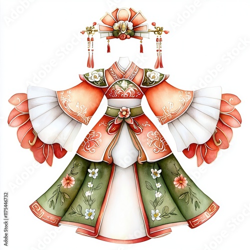 Chinese New Year uniform watercolor. Traditional Asian dress design featuring intricate patterns and vibrant colors. photo