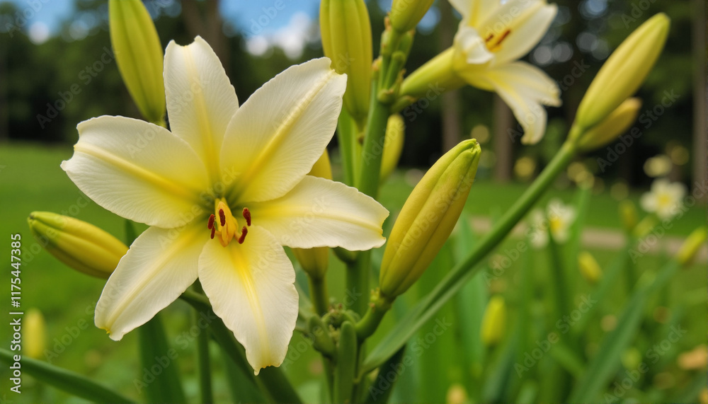 Yellow flower in bloom with green buds in a natural setting